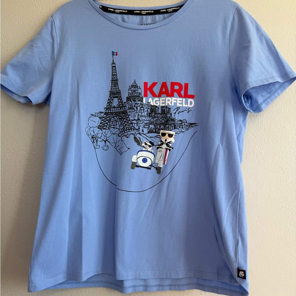 Karl Lagerfeld Light Blue Paris Graphic Tee with Red Logo